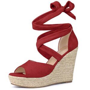 Women's Solid Color Lace Up Strappy Peep Toe Espadrilles Wedge Heels Sandals 7.5